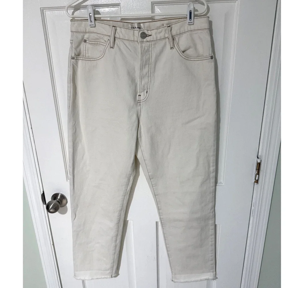 FRAME Le Mec Off White Contrast Stitch Raw Hem Straight Leg Jeans 29 - Picture 1 of 4